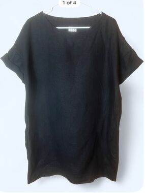 NOT MONDAY Black Linen Cuffed Short Sleeve Shift Mini Dress Size M/L